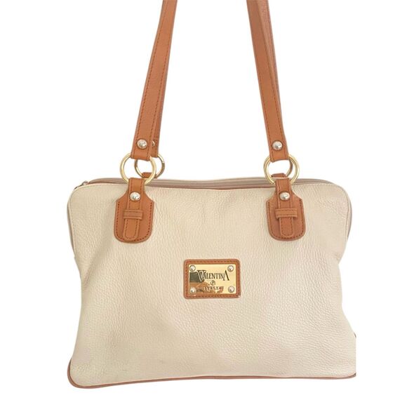 Valentina Cream Soft Pebbled Leather Shoulder Bag.